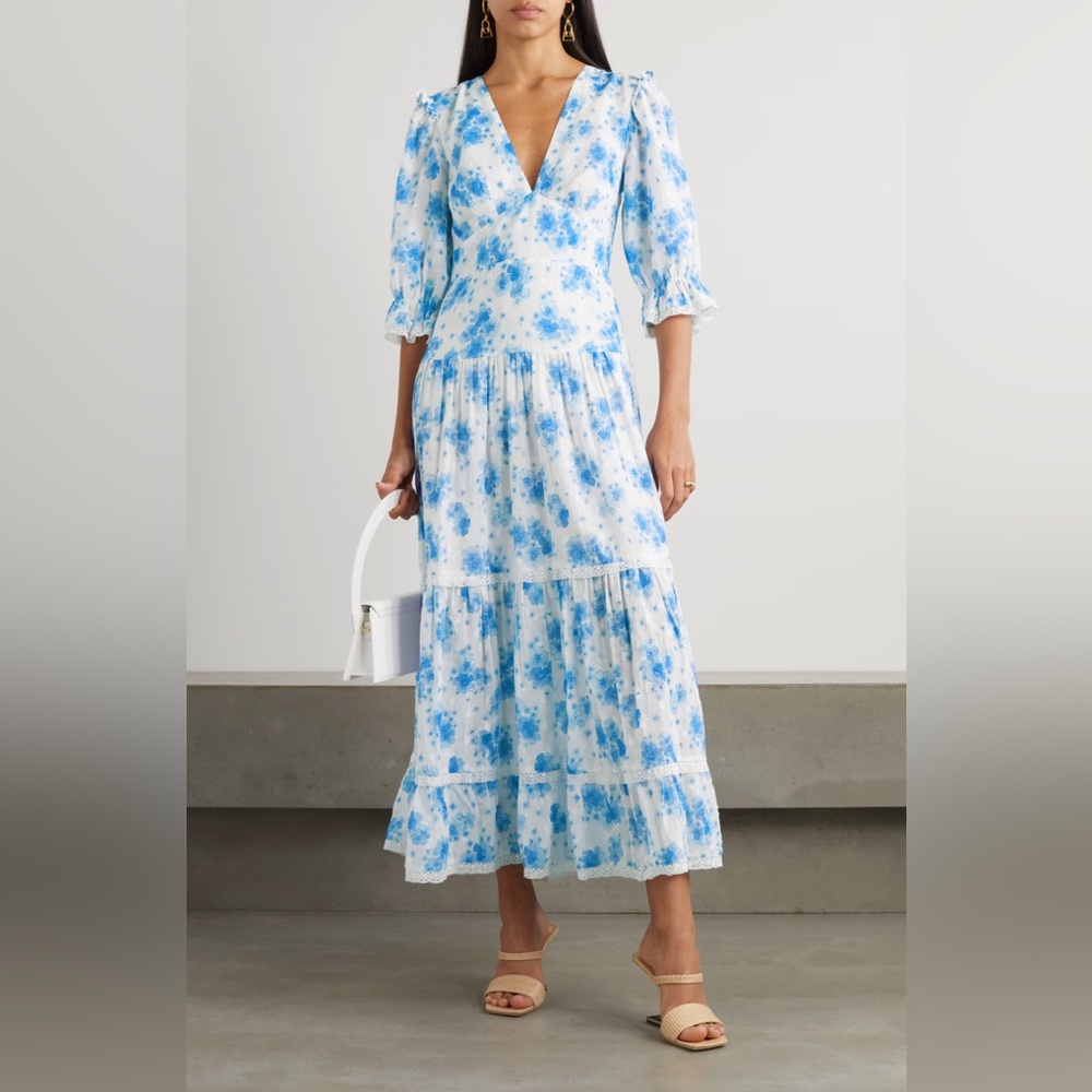 RIXO Net-A-Porter - Blue & White Adelaide Lace Trimmed Floral Print Cotton Dress